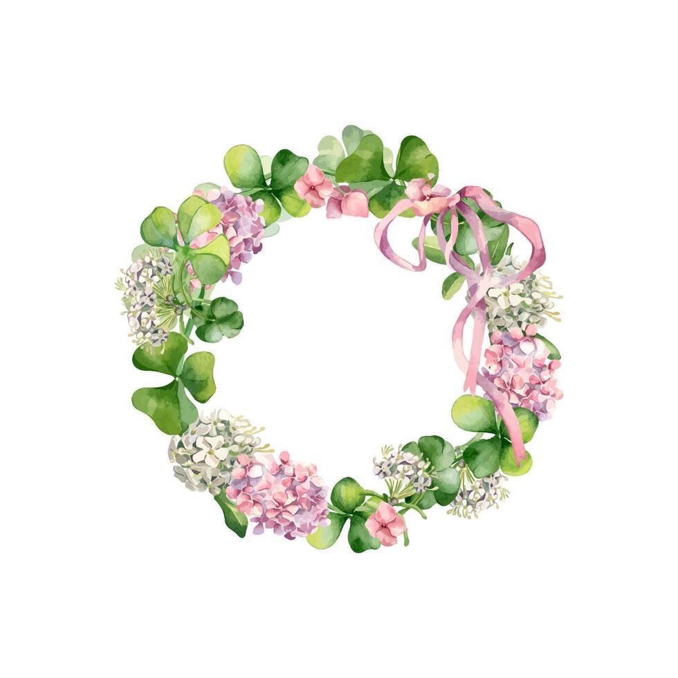 Kreis Rahmen mit Blumen und Kleeblatt Aquarell Illustration isoliert auf Weiß. gemalt Rosa Hortensie Blumen rahmen. Hand gezeichnet irisch Symbol. Design zum St Patrick's Tag, Ostern, Frühling, Paket vektor