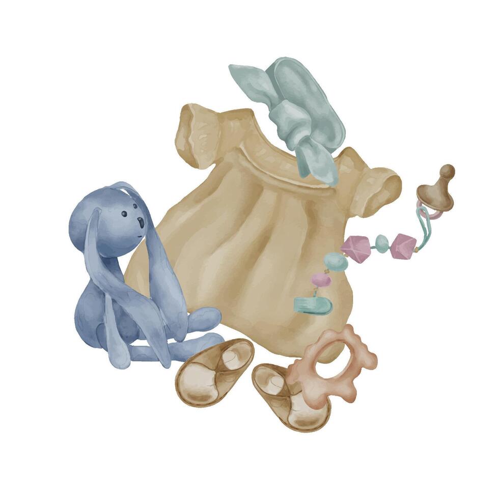 illustration med flicka klänning och bebis leksaker isolerat på vit bakgrund. hand dragen mjuk kanin, hare. bebis stövlar i pastell nyanser. element för kort, inbjudan, affisch, födelsedag fest, flicka rum vektor