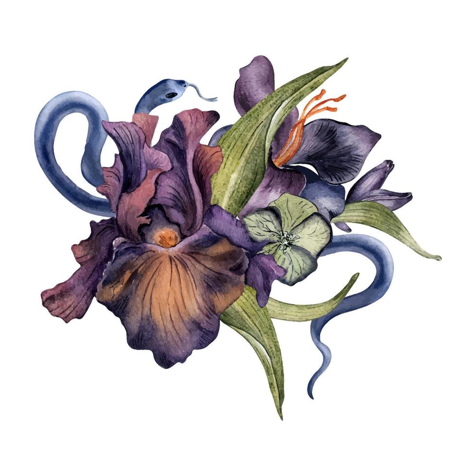 Komposition mit Aquarell dunkel Iris Blume und Schlange isoliert auf schwarz. gotisch Blumen- Illustration Hand gezeichnet. dunkel botanisch Dekoration zum Verpackung. Element zum Design Schreibwaren, Karte, Drucken vektor