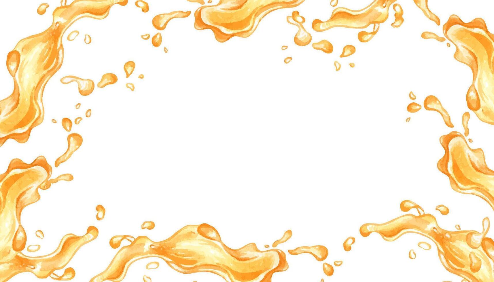 ram av vattenfärg gul stänk juice av frukt illustration isolerat på vit. persika flytande hand ritade. design element för förpackning, meny, märka, dryck, glass, porslin vektor