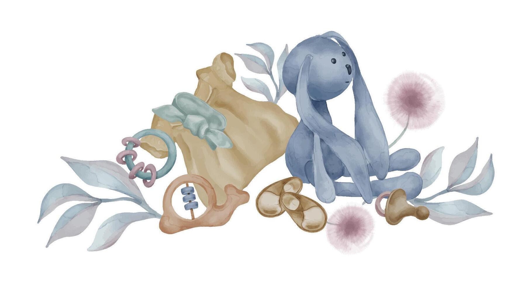 illustration med flicka klänning och mjuk leksak med abstrakt växter isolerat på vit. hand dragen plysch kanin och maskros. bebis skriva ut i pastell nyanser. element för födelsedag kort, affisch, flicka rum vektor