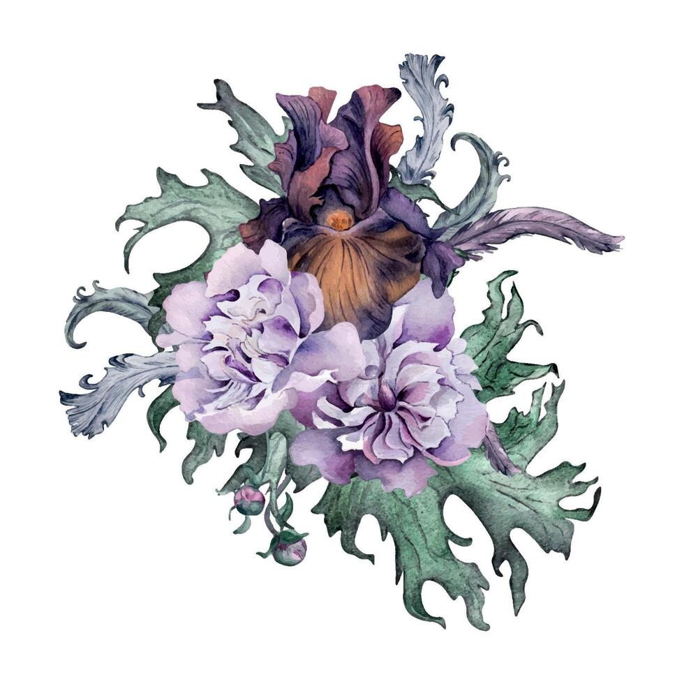 vattenfärg lila iris, pion och löv isolerat på vit. gotik blommig illustration fjädrar hand ritade. svart botanisk dekoration med blommor. element för inbjudan, bakgrund, kort, utskrift vektor