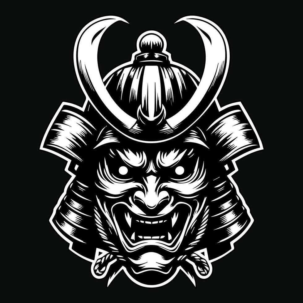 dunkel Kunst unheimlich japanisch Samurai Maske schwarz und Weiß Illustration vektor