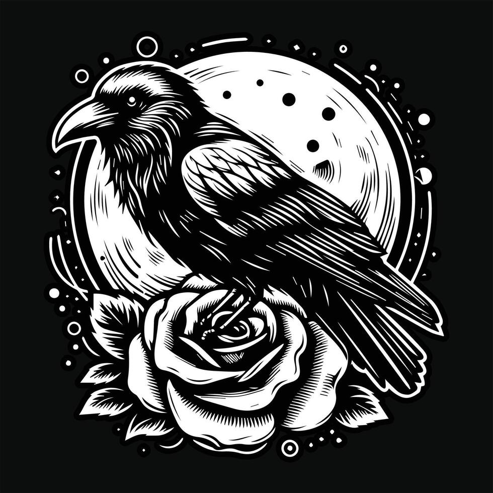 kråka huvud med reste sig blomma grunge årgång stil hand dragen illustration svart och vit vektor
