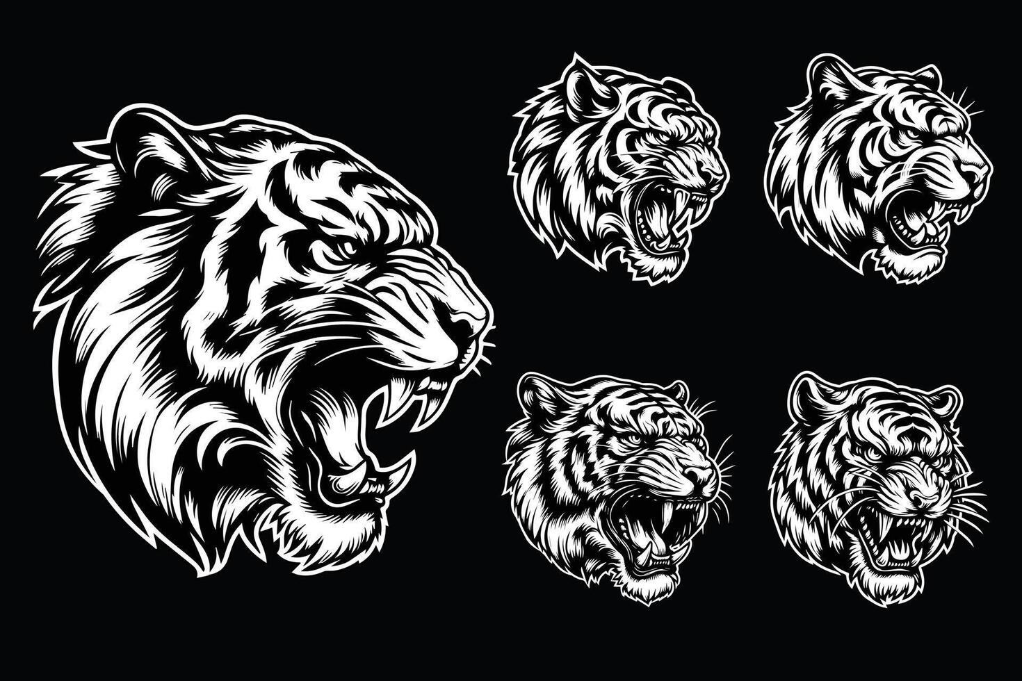 mörk konst arg fä tiger huvud svart och vit illustration vektor