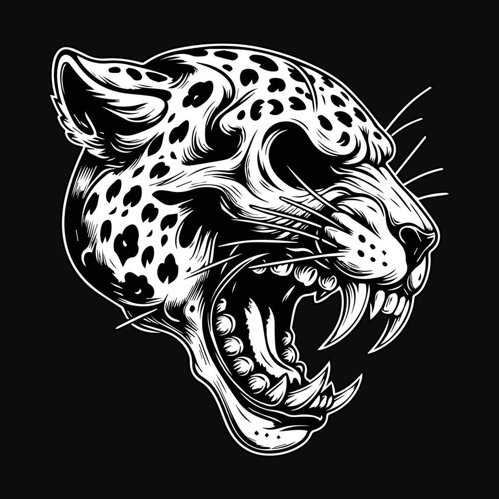 mörk konst arg skalle fä leopard huvud svart och vit illustration vektor