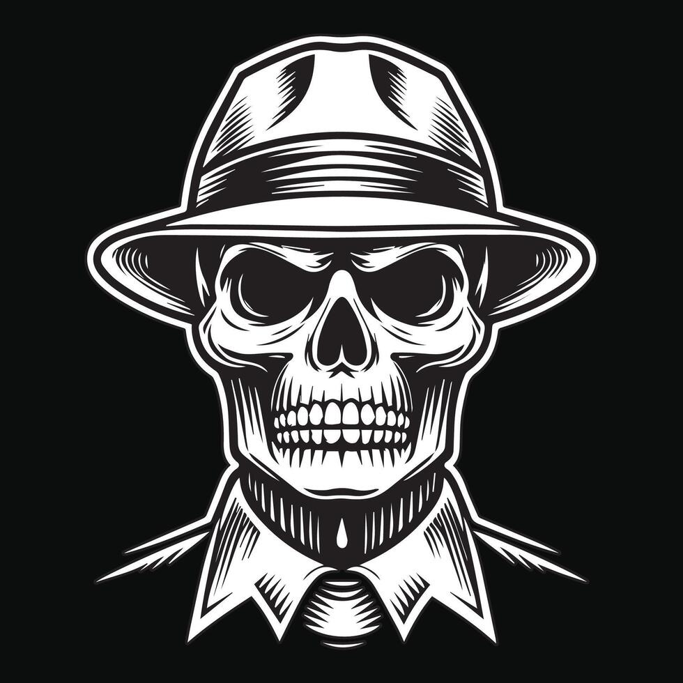 mörk konst skalle maffia huvud med hatt och krage svart och vit illustration vektor