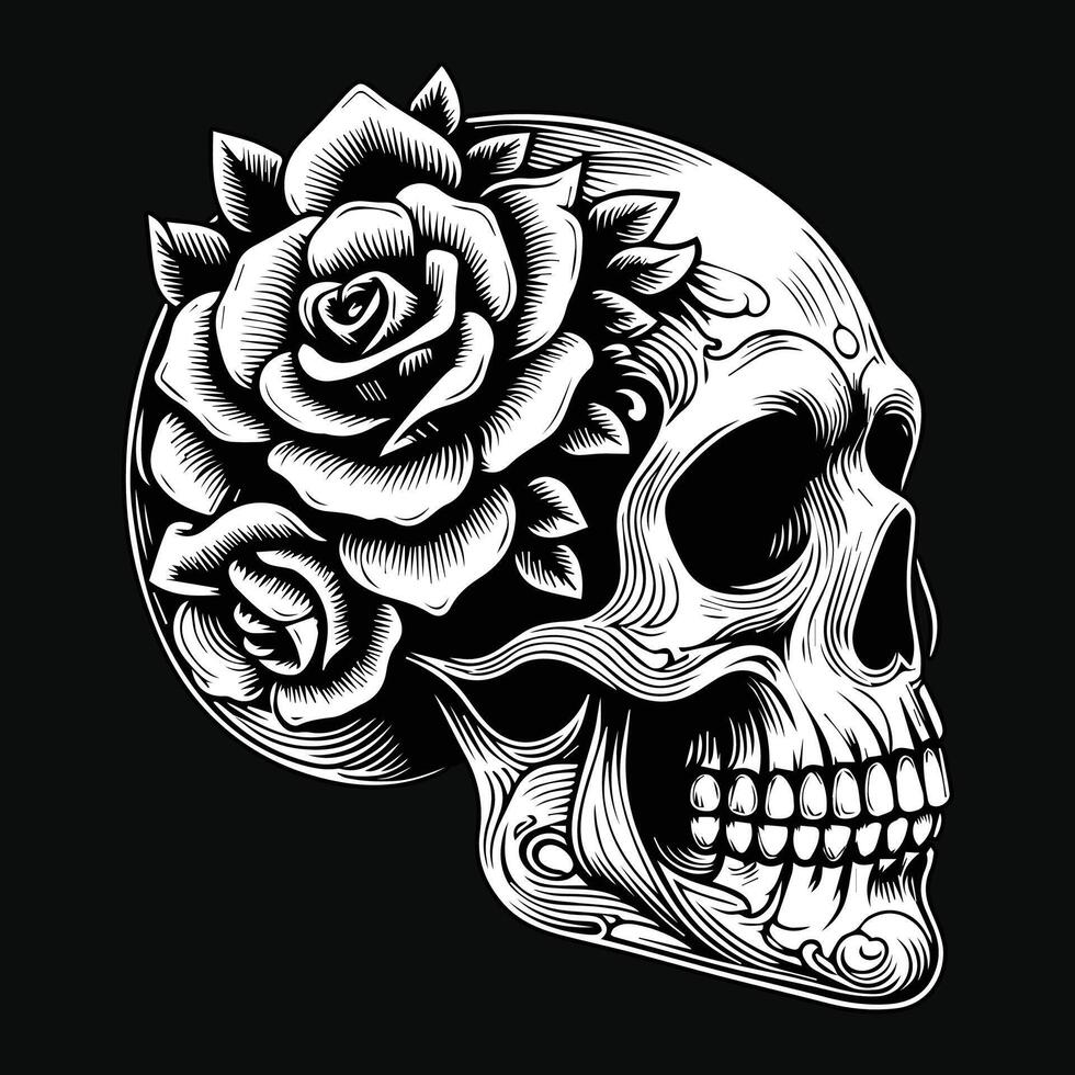 dunkel Kunst Schädel Kopf mit Blume schwarz und Weiß Illustration vektor
