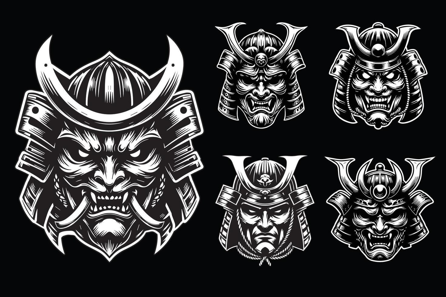 dunkel Kunst unheimlich japanisch Samurai Maske schwarz und Weiß Illustration vektor