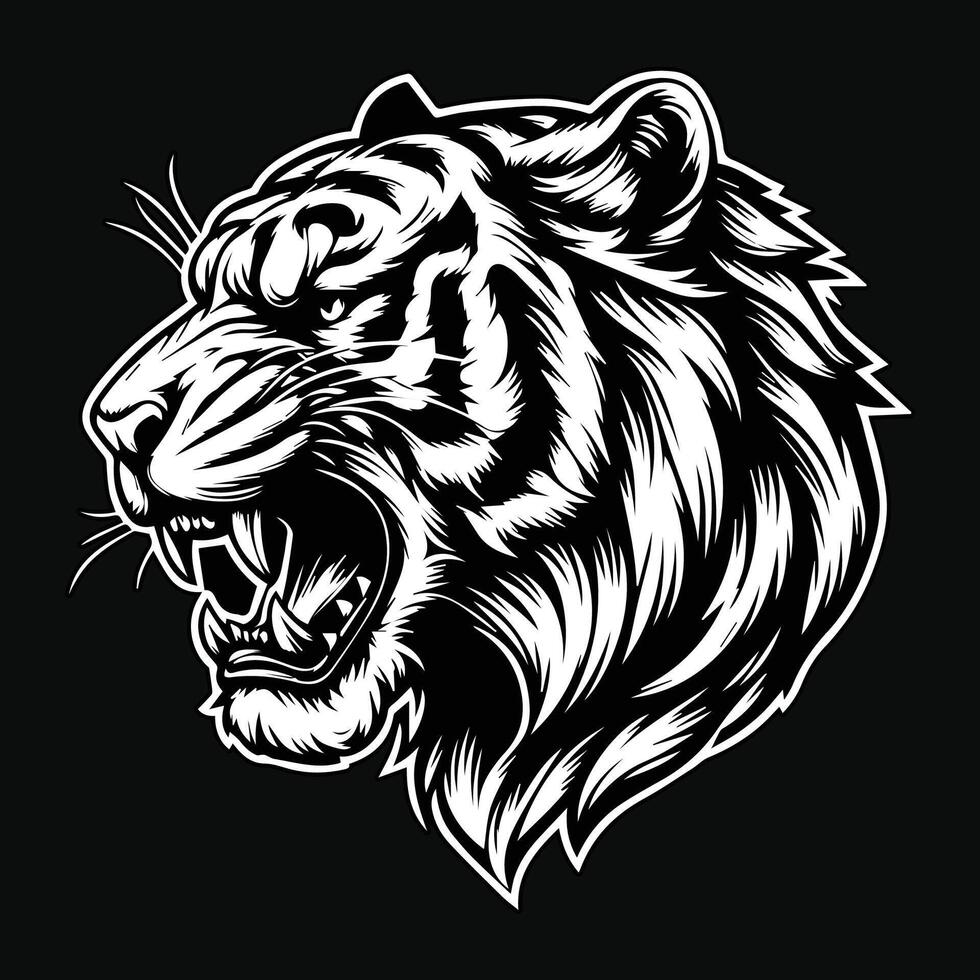 dunkel Kunst wütend Tier Tiger Kopf schwarz und Weiß Illustration vektor