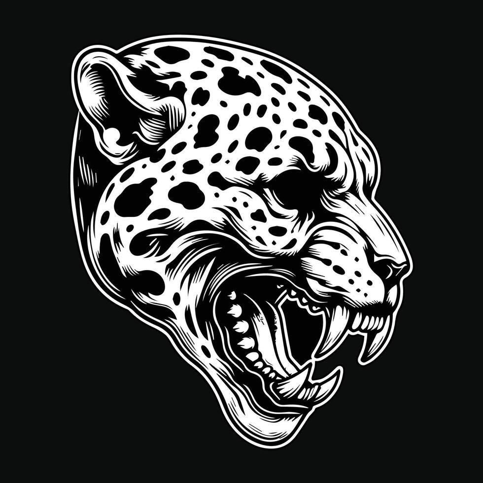 dunkel Kunst wütend Schädel Tier Leopard Kopf schwarz und Weiß Illustration vektor