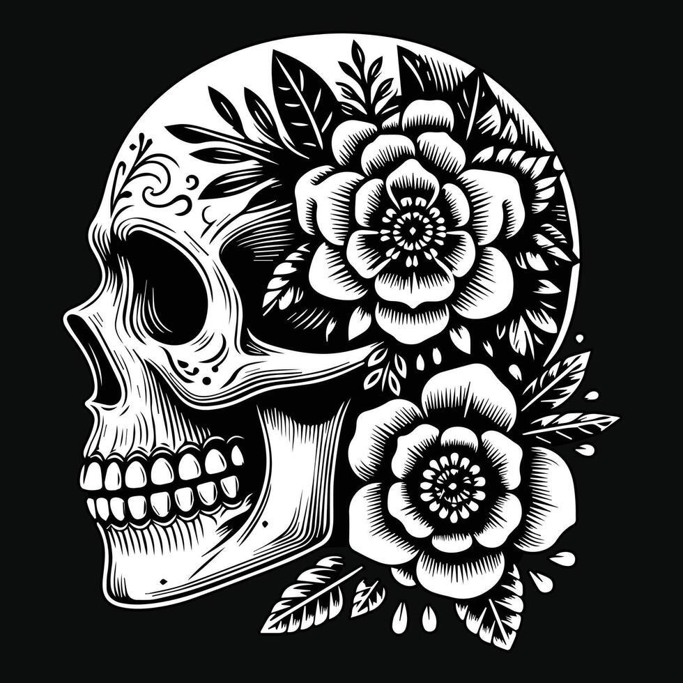 mörk konst skalle huvud med blomma svart och vit illustration vektor