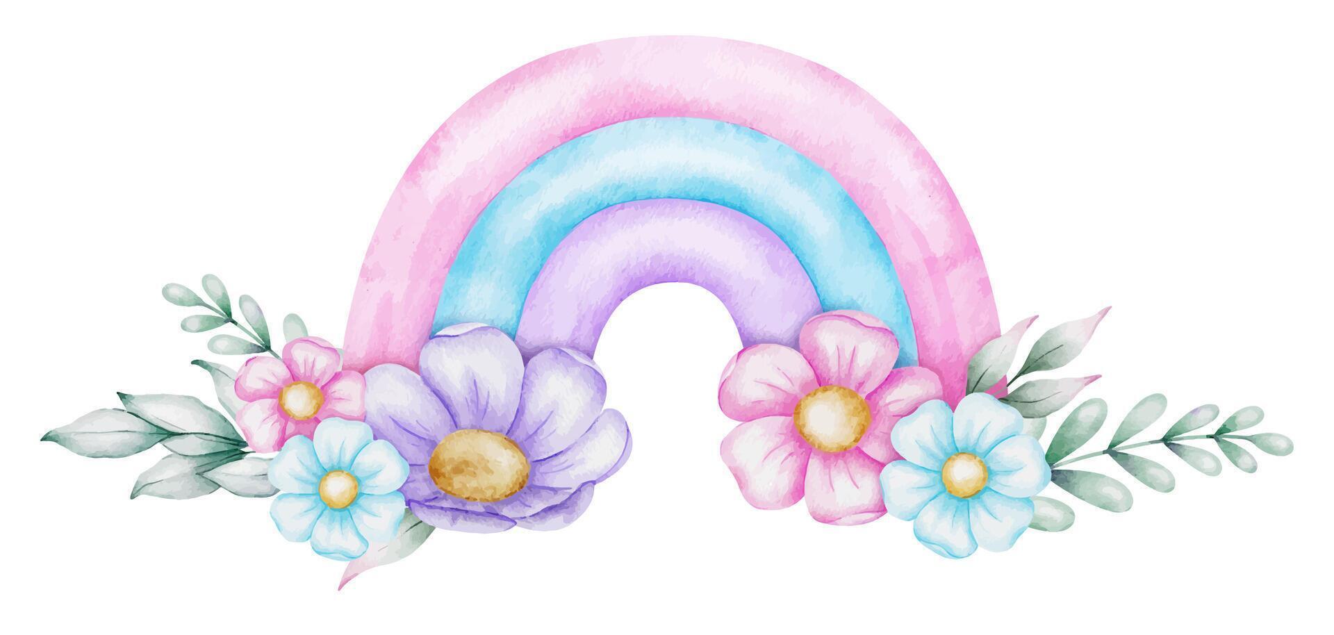 süß Baby Rosa Regenbogen, Blumen und Blätter. isoliert Aquarell Illustration zum Logo, Kinder Waren, Kleidung, Textilien, Postkarten, Poster, Baby Dusche und Kinder- Zimmer vektor