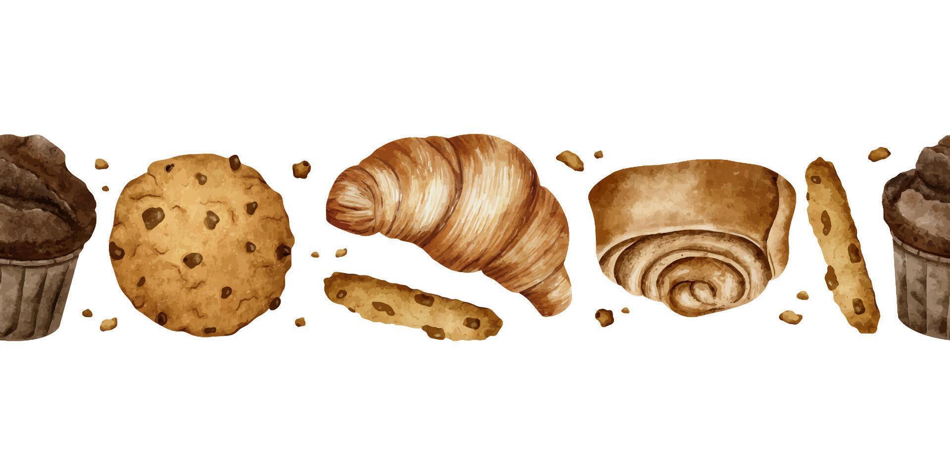 Croissant, spiralförmig Zimt rollen, Kekse, Muffin. Gebäck. Aquarell nahtlos Rand von Süss Gebäck. Bäckerei Produkt. Banner zum Design von Etikett, Verpackung, Karte, für Backhaus, Bäckerei. vektor