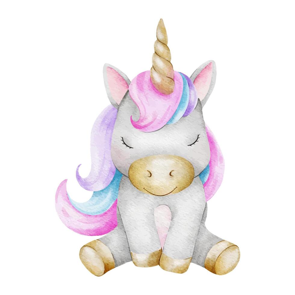 süß Märchen Einhorn. isoliert Baby Aquarell Illustration. Design zum Logo, Kinder Waren, Kleidung, Textilien, Postkarten, Poster, Baby Dusche und Kinder- Zimmer vektor