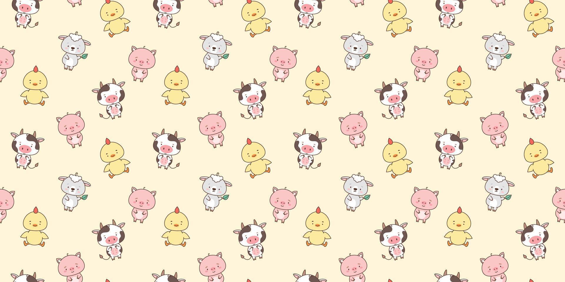 nahtlos Muster mit süß Bauernhof Tiere Schaf Schweinchen Hähnchen Kuh. süß Tiere im kawaii Stil. Zeichnungen zum Kinder. Vektor Illustration