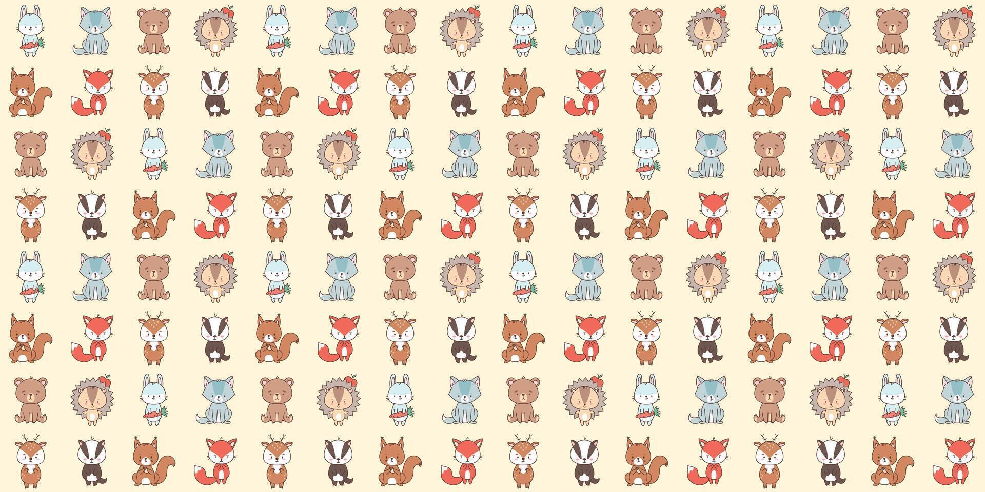 nahtlos Muster mit süß Wald Tiere Fuchs Hase Bär Wolf Igel, Dachs, Reh, Eichhörnchen. süß Tiere im kawaii Stil. Zeichnungen zum Kinder. Vektor Illustration