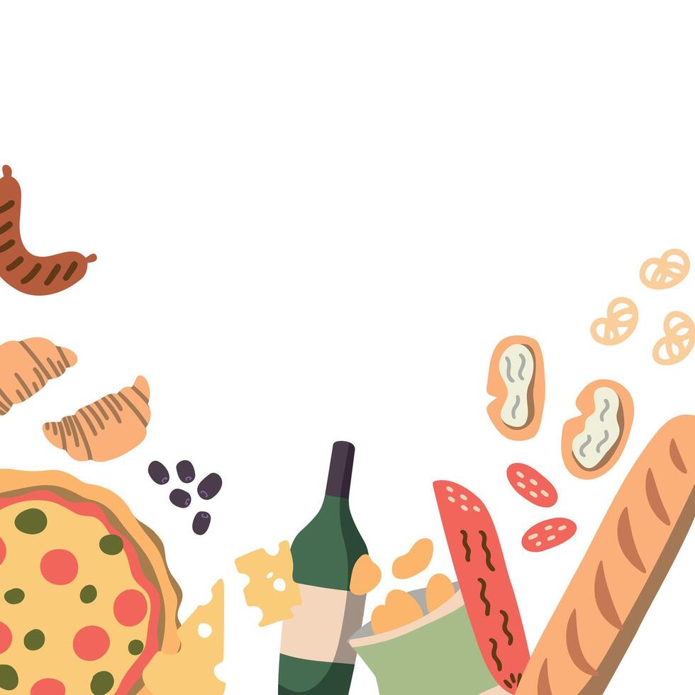 Picknick Party Banner. Sommer- Picknick Party Rahmen mit Picknick Korb, Picknick Decke, Essen, Pizza, Limonade, Freizeit. draussen aktiv ausruhen. Sommer- Vektor Illustration Karte. Garten Party Banner.