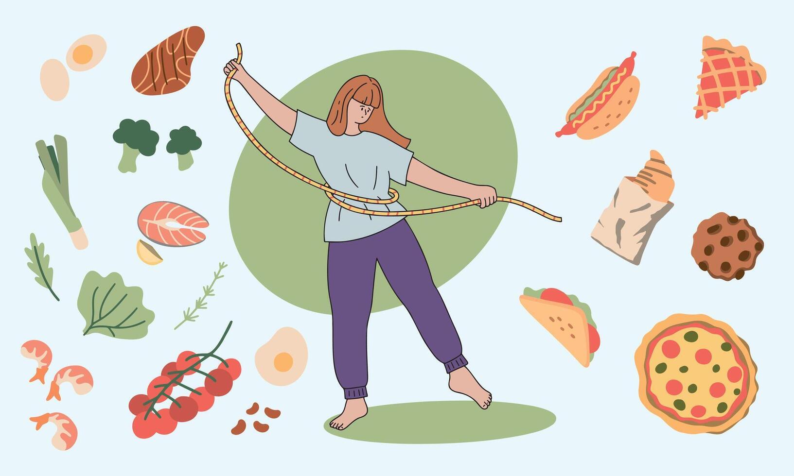 Frau wählen zwischen gesund und ungesund Lebensmittel. Charakter Denken Über organisch oder Müll Snacks Auswahl. Vektor Illustration zum gut vs. Schlecht Diät, Lebensstil, Essen Konzepte