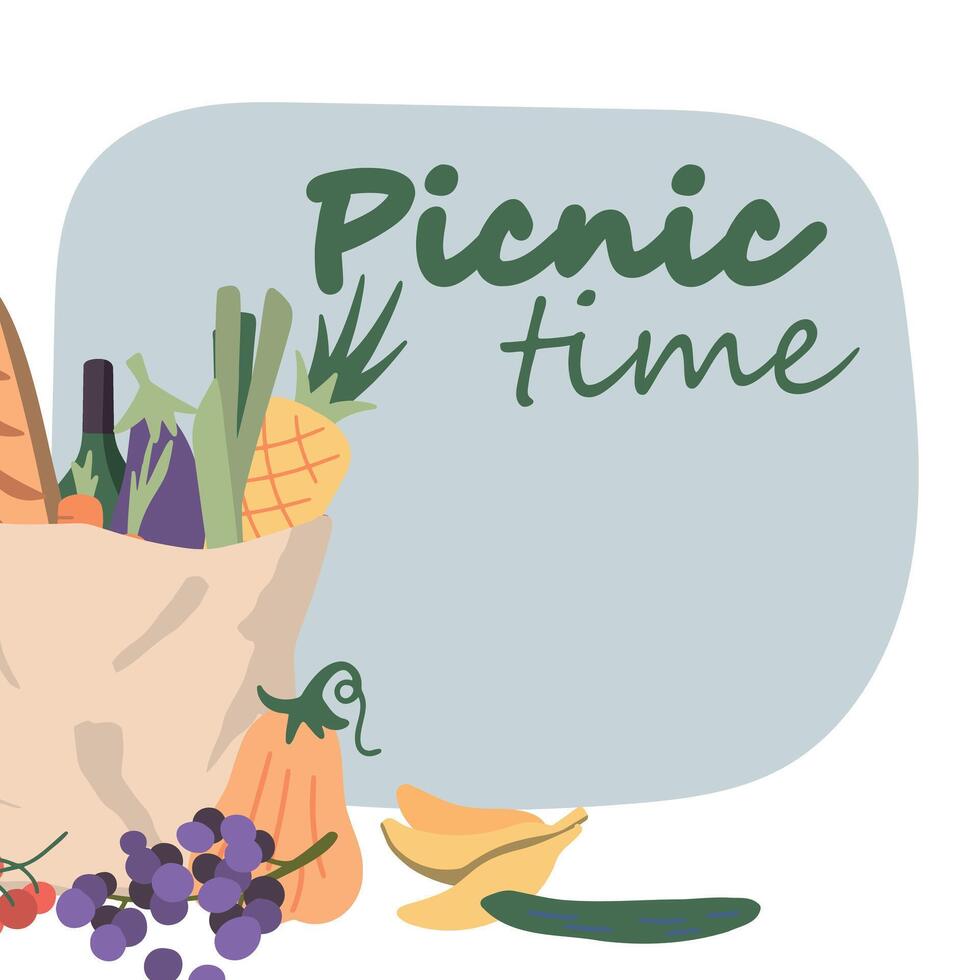 Produkte zum ein Picknick, Gemüse und Früchte im ein Papier Tasche, frisch Essen zum ein Picknick. Banner, Rahmen zum Text vektor