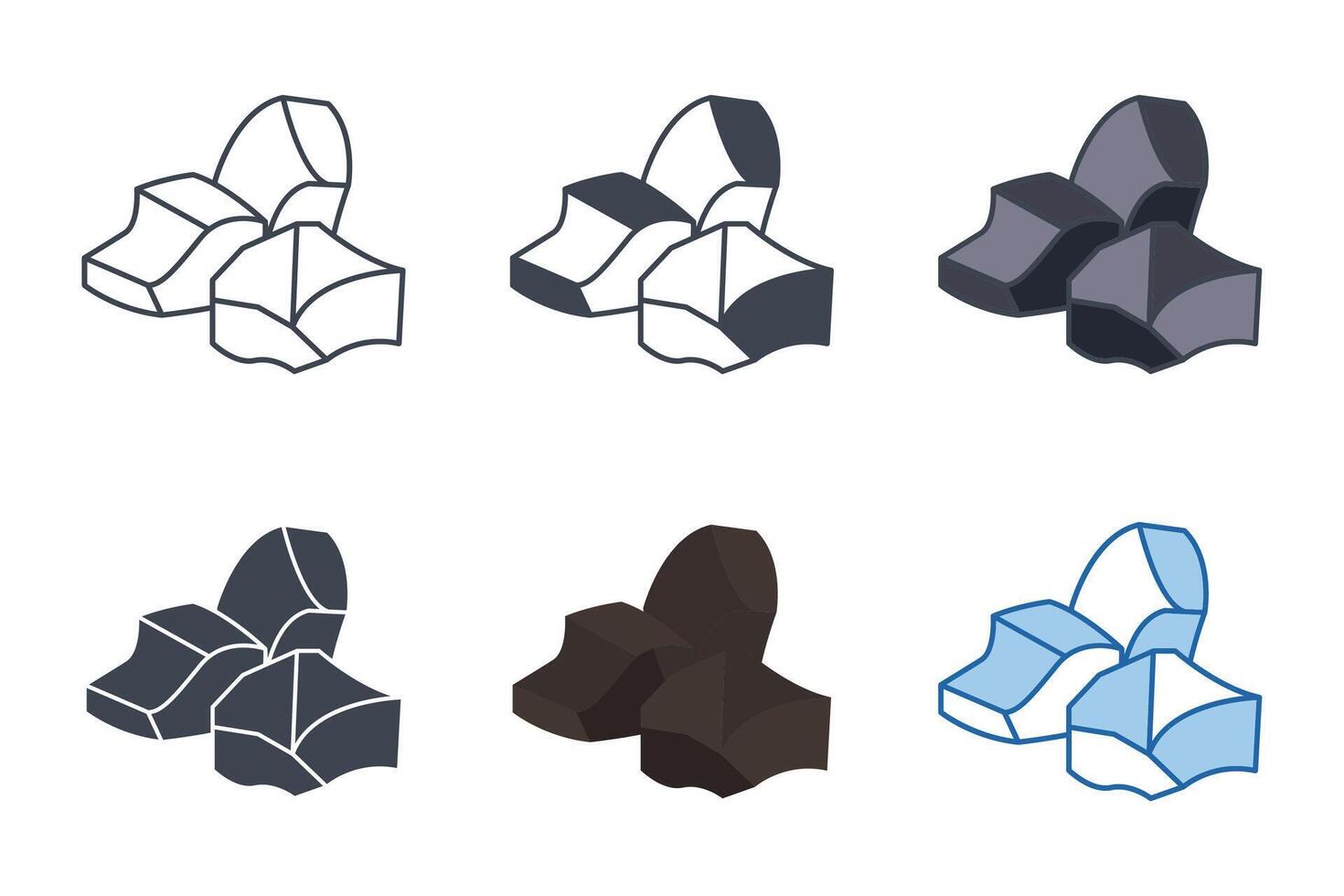 Kohle schwarz Felsen Symbole mit anders Stile. Stapel von Kohle. Stapel von Steine, Graphit Kohle Symbol Vektor Illustration isoliert auf Weiß Hintergrund