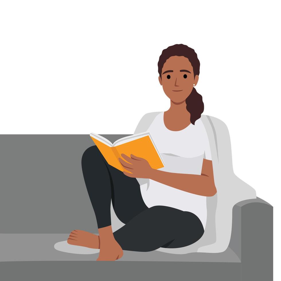 ung kvinna läsning bok på soffa på Hem med filt vektor
