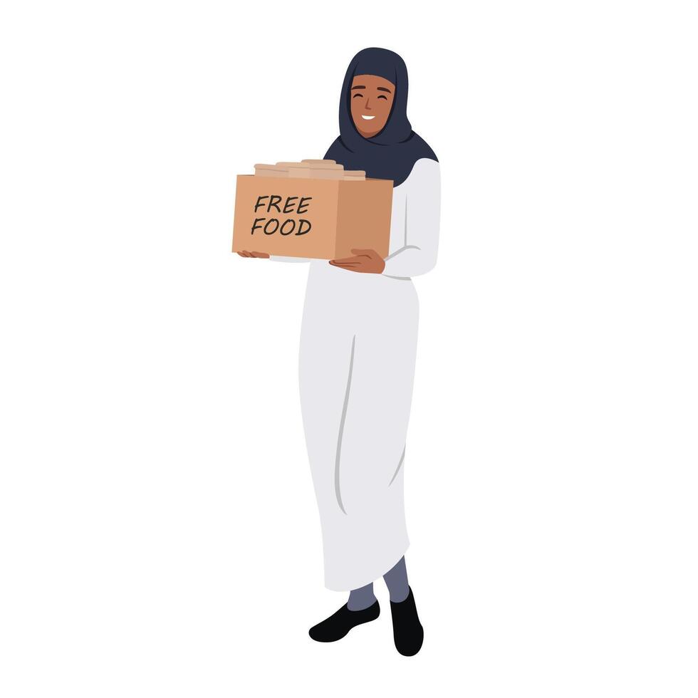 muslim kvinna innehav en låda märkt fri mat för iftar. begrepp av fri mat för iftar vektor
