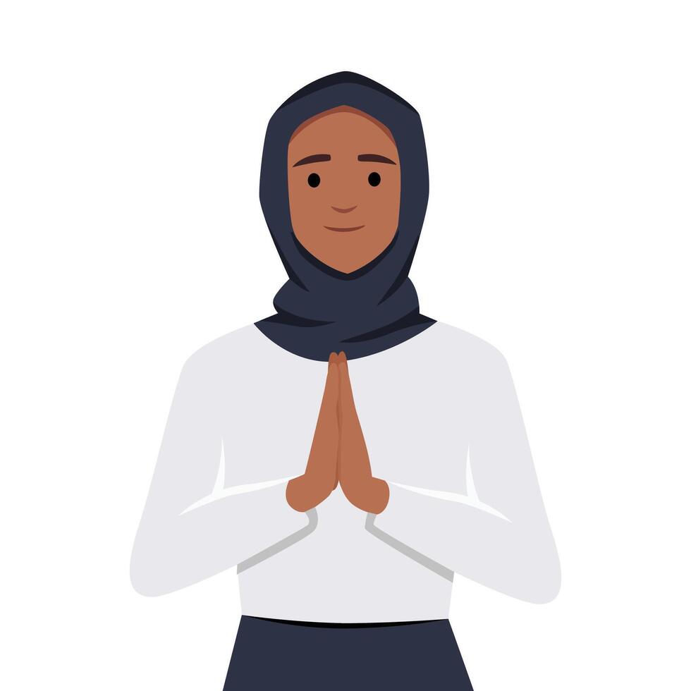 Illustration von Muslim Frau mit entschuldige mich Pose zum eid Mubarak oder Ramadan vektor