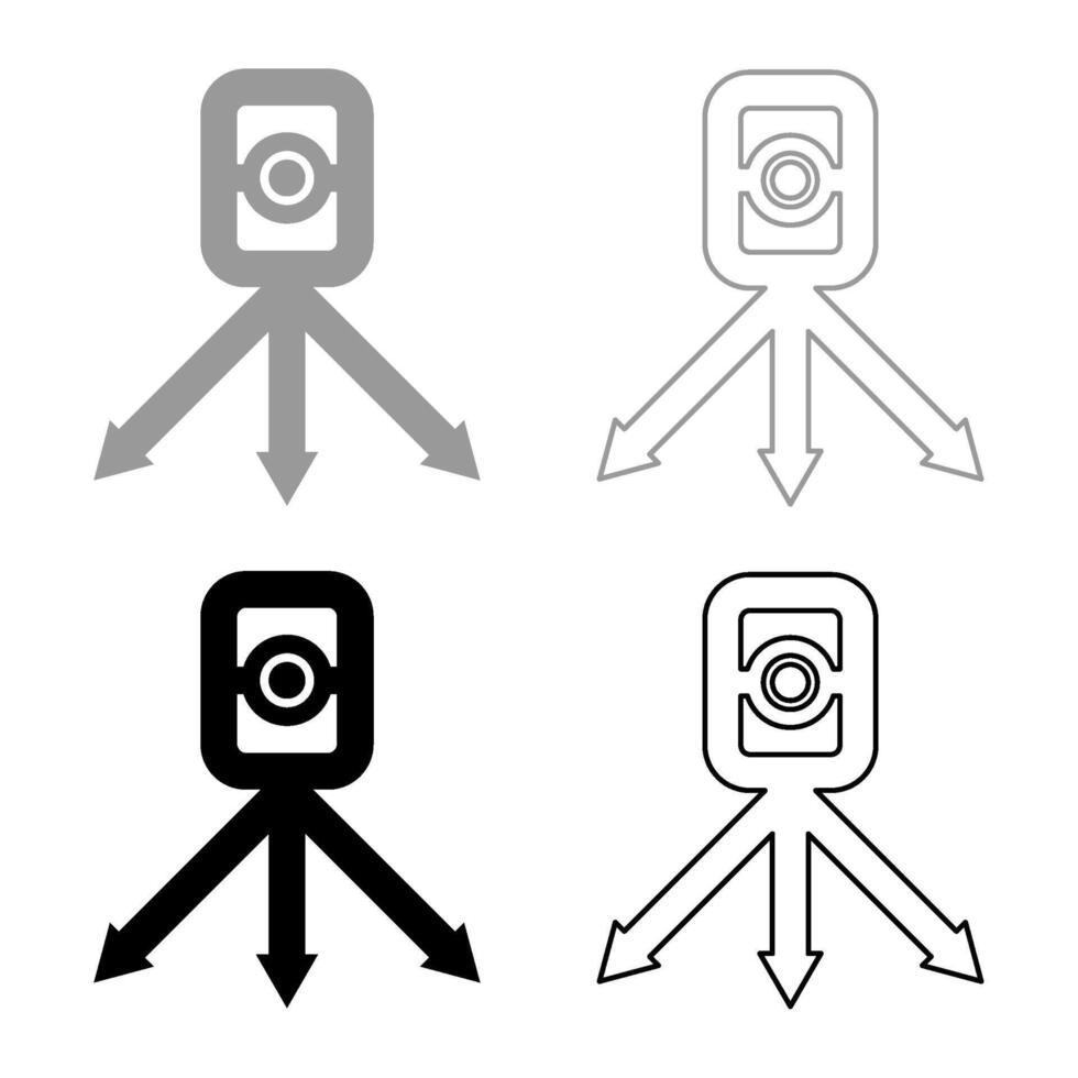 teodolit undersökning Utrustning för mätningar på stativ geodetisk enhet takymeter forskning nivå instrument geodesi verktyg uppsättning ikon grå svart Färg vektor illustration bild fast fylla översikt