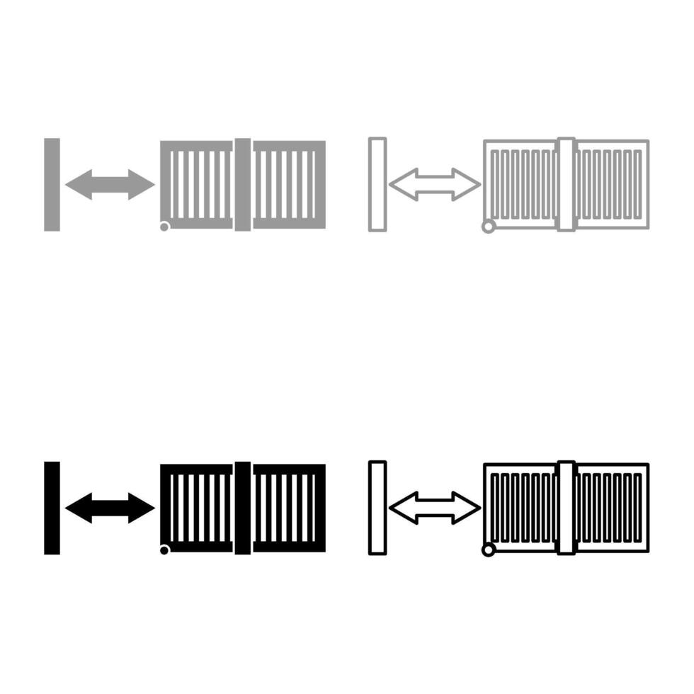 gleiten Tore automatisch Gitter Zaun System Eintrag Gehege einstellen Symbol grau schwarz Farbe Vektor Illustration Bild solide füllen Gliederung Kontur Linie dünn eben Stil