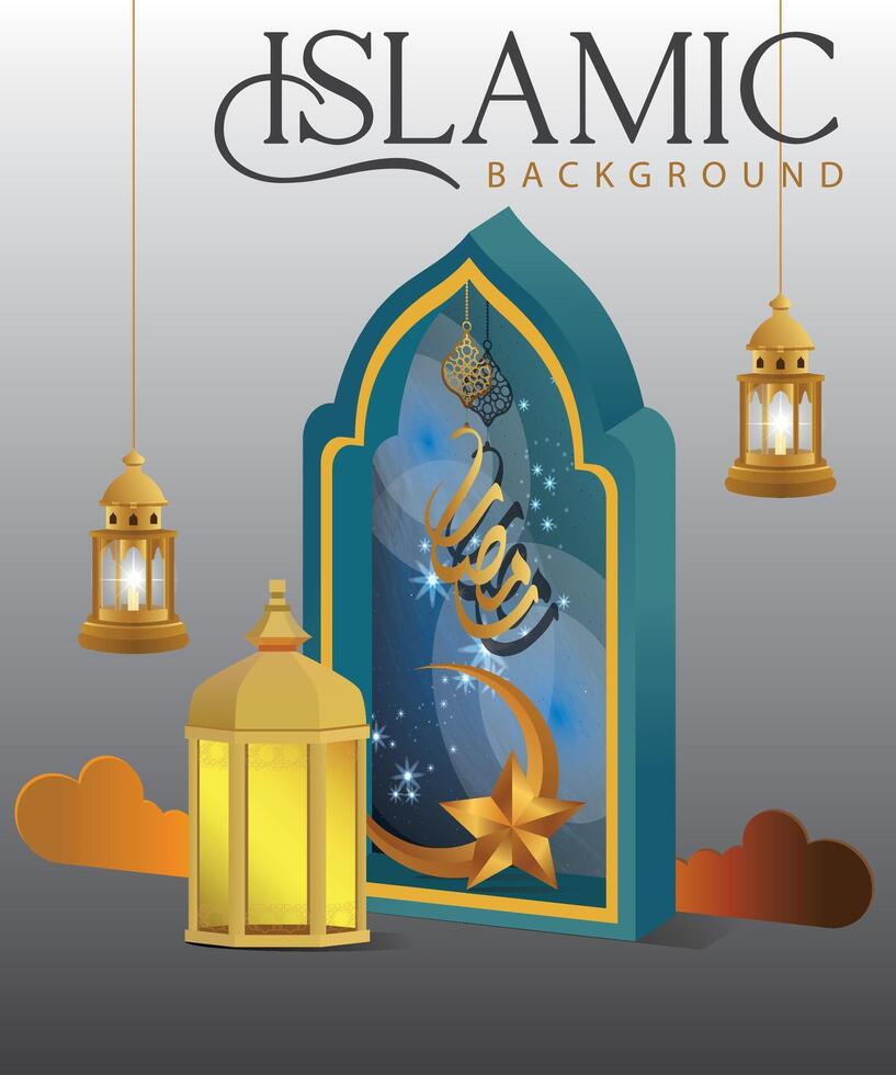 islamisch Banner Hintergrund mit Halbmond Mond, Laterne und Tor im Grün und Weiß. Vektor Illustration