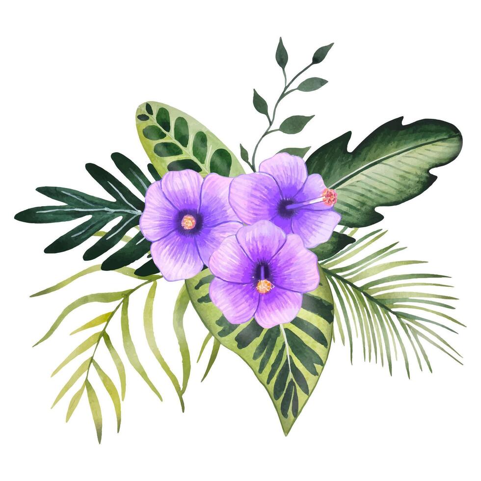 Hand gezeichnet Strauß mit tropisch Blätter und Blumen, Aquarell vektor