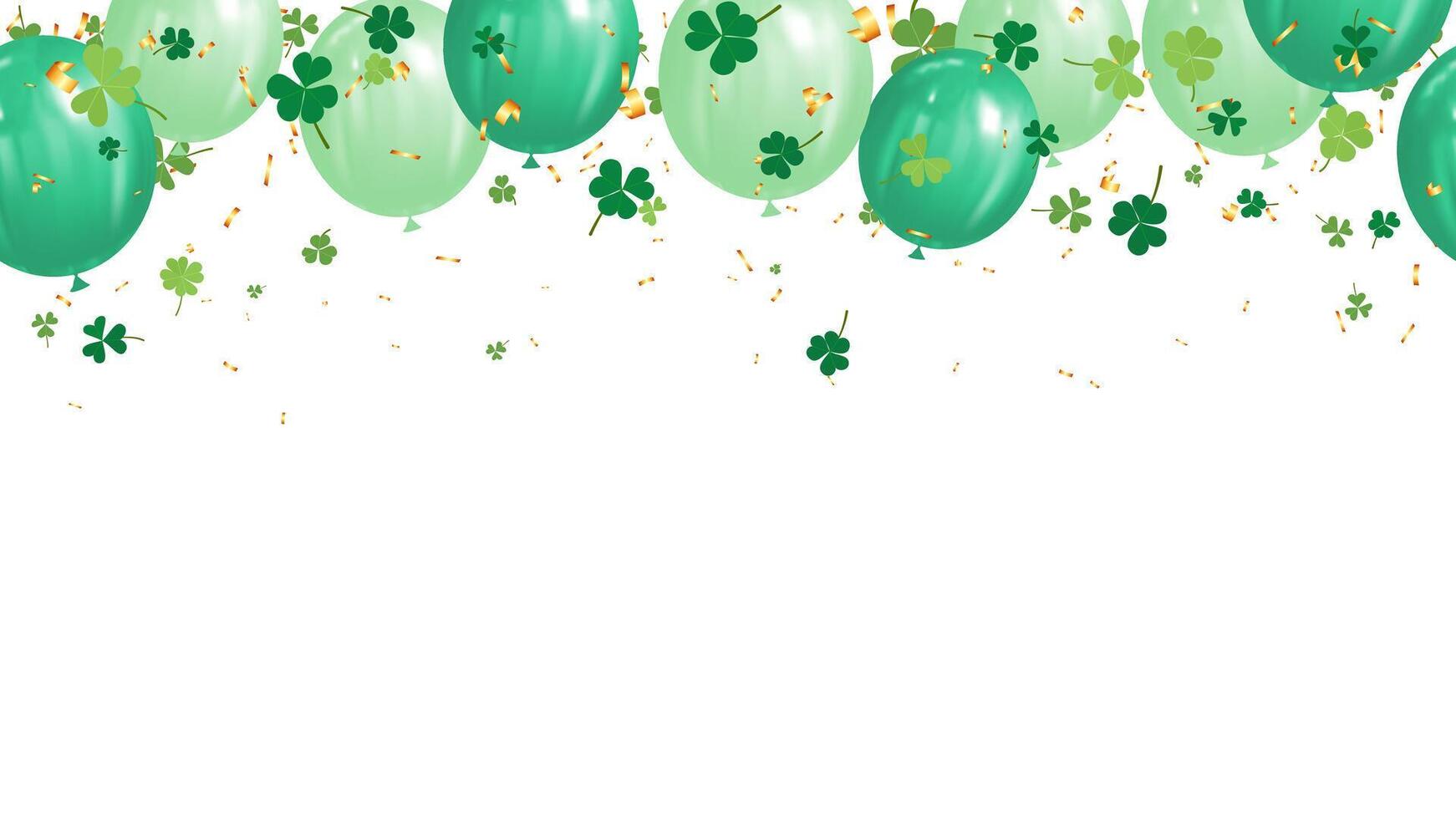 uteslutande baner grön skinande ballonger, guld konfetti och klöver löv vektor illustration för Semester fest