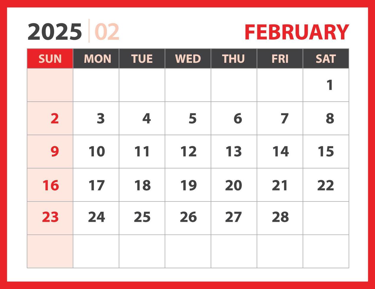 Februar 2025 Vorlage, Kalender 2025 Design Vektor, Planer Layout, Woche beginnt Sonntag, Schreibtisch Kalender 2025 Vorlage, Schreibwaren. Mauer Kalender auf rot Hintergrund, Vektor eps 10