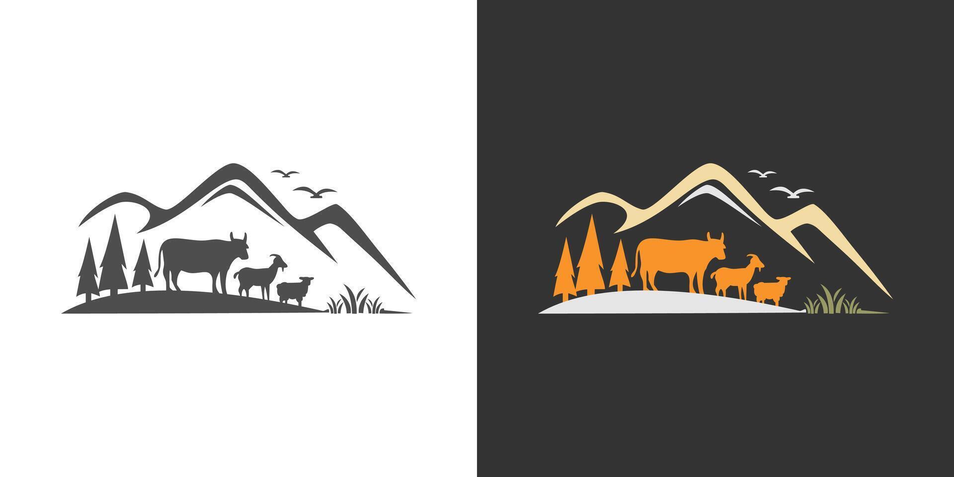 boskap får get ko träd berg logotyp nötkreatur vektor illustration