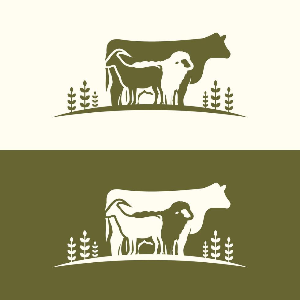 Kuh Schaf Ziege Bauernhof Tier mit Pflanze Gras. Silhouette Vektor Illustration Vieh Logo