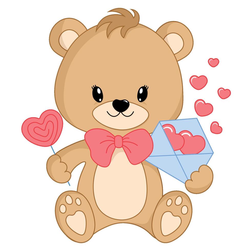 Süss Teddy Bär halten ein Süßigkeiten und ein Geschenk Briefumschlag mit Herzen. glücklich Valentinstag Tag. Vektor Illustration.