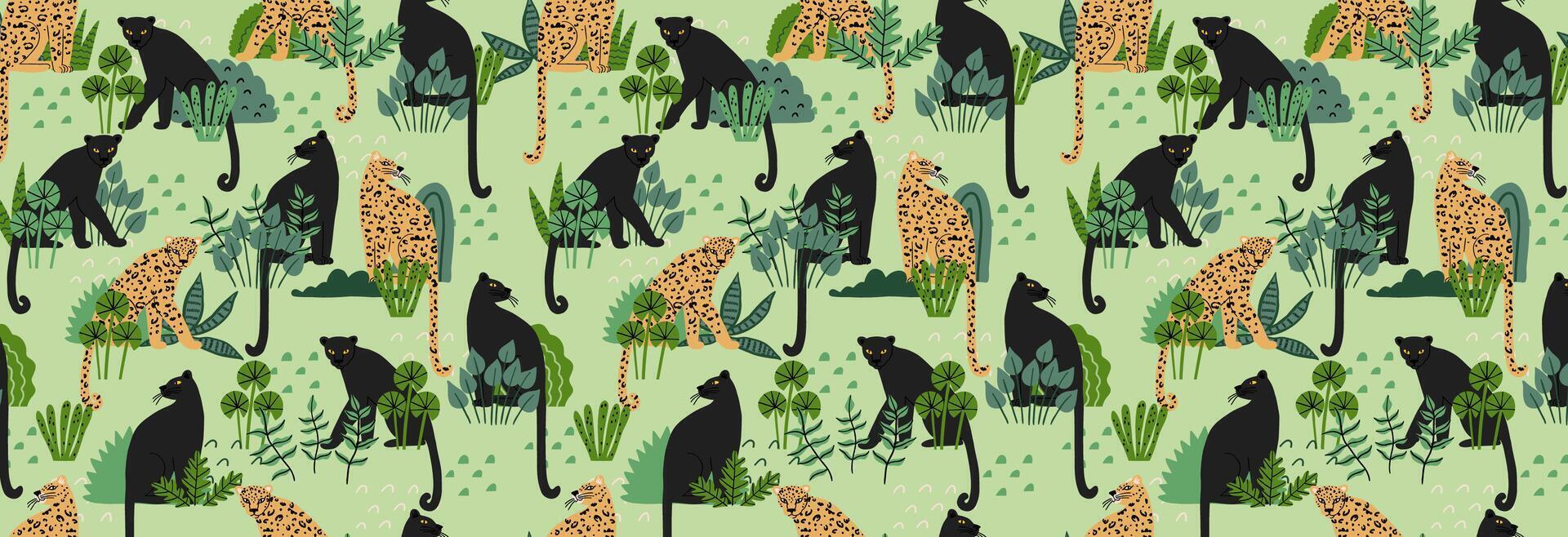 sömlös mönster med buskig grön växter, panthers och leoparder. vektor illustration i platt stil. design för tyg och Mer.