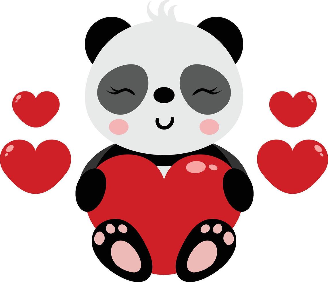 kärleksfull panda med röd hjärtan vektor