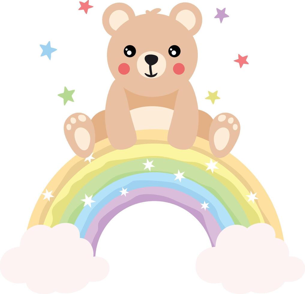 Lycklig teddy Björn på topp av de regnbåge vektor