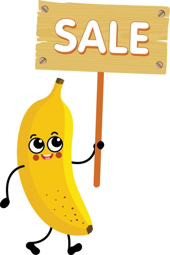rolig banan maskot innehav en trä- tecken med försäljning inskrift vektor