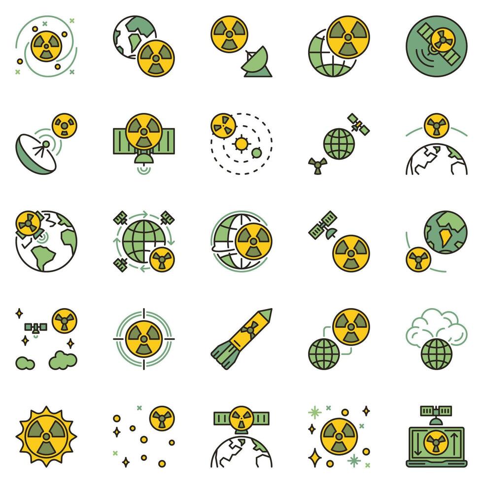 kärn vapen i Plats begrepp färgad ikoner uppsättning. kärn bomba, rymdbaserad nukes och strålning kreativ vektor tecken