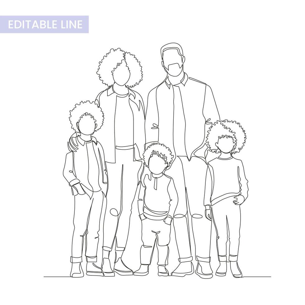einer Single endlos Linie groß Familie Gruppe Porträt, einfach kontinuierlich Kontur, modern modisch Stil, Vektor Illustration isoliert auf Weiß. Mutter, Vater und drei Kinder