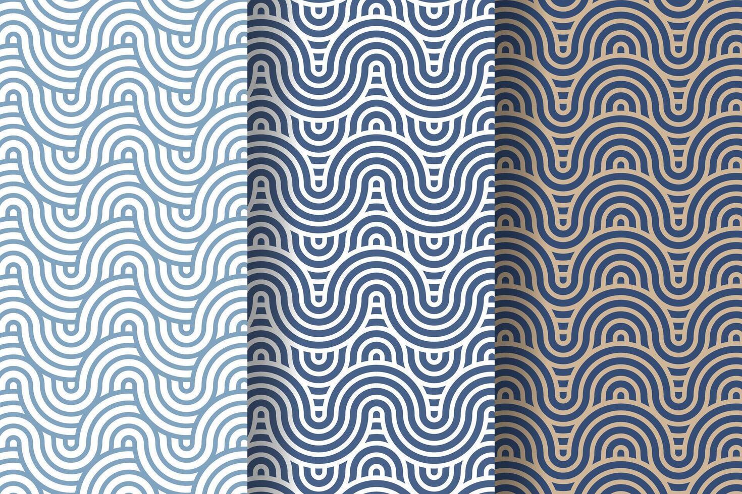 uppsättning av japansk Vinka geometrisk sömlös mönster, kallad seigaiha, koncentrisk cirklar, fisk skala imitation, traditionell orientalisk konst, vektor illustration