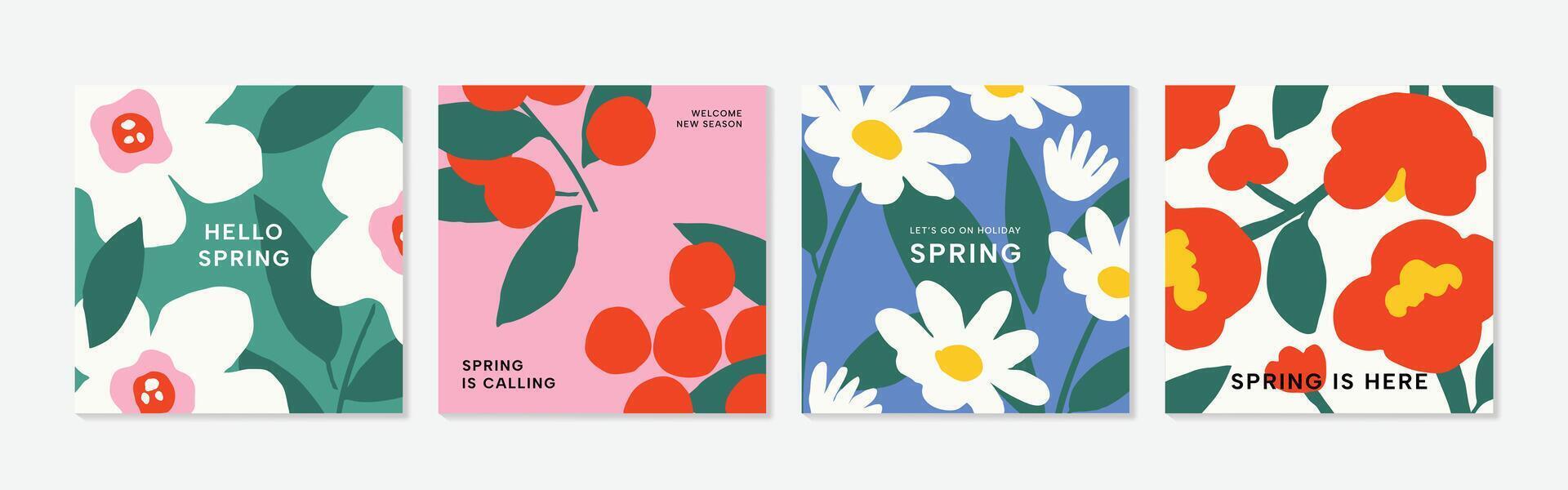 vår säsong blommig fyrkant omslag vektor. uppsättning av baner design med blommor, löv, gren. färgrik blomma bakgrund för social media posta, hemsida, företag, annonser. vektor