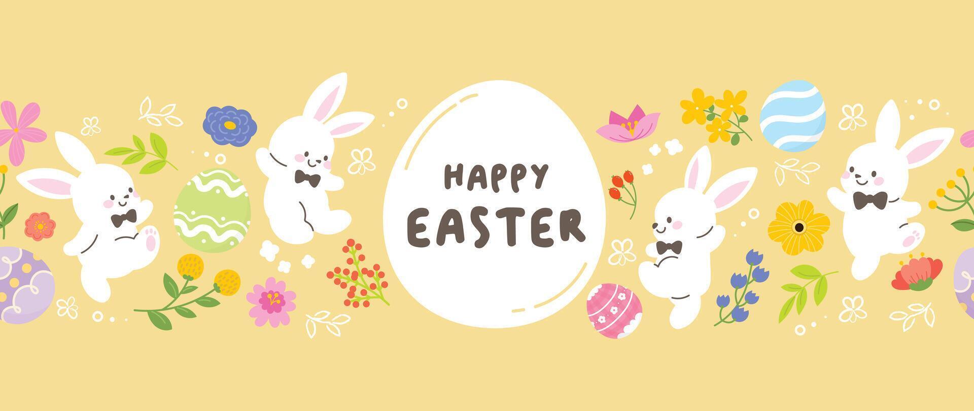 Lycklig påsk sömlös bakgrund vektor. hand dragen söt vit kanin, påsk ägg, blommor, blad gren på gul bakgrund. samling av förtjusande klotter design för dekorativ, kort, ungar, baner. vektor