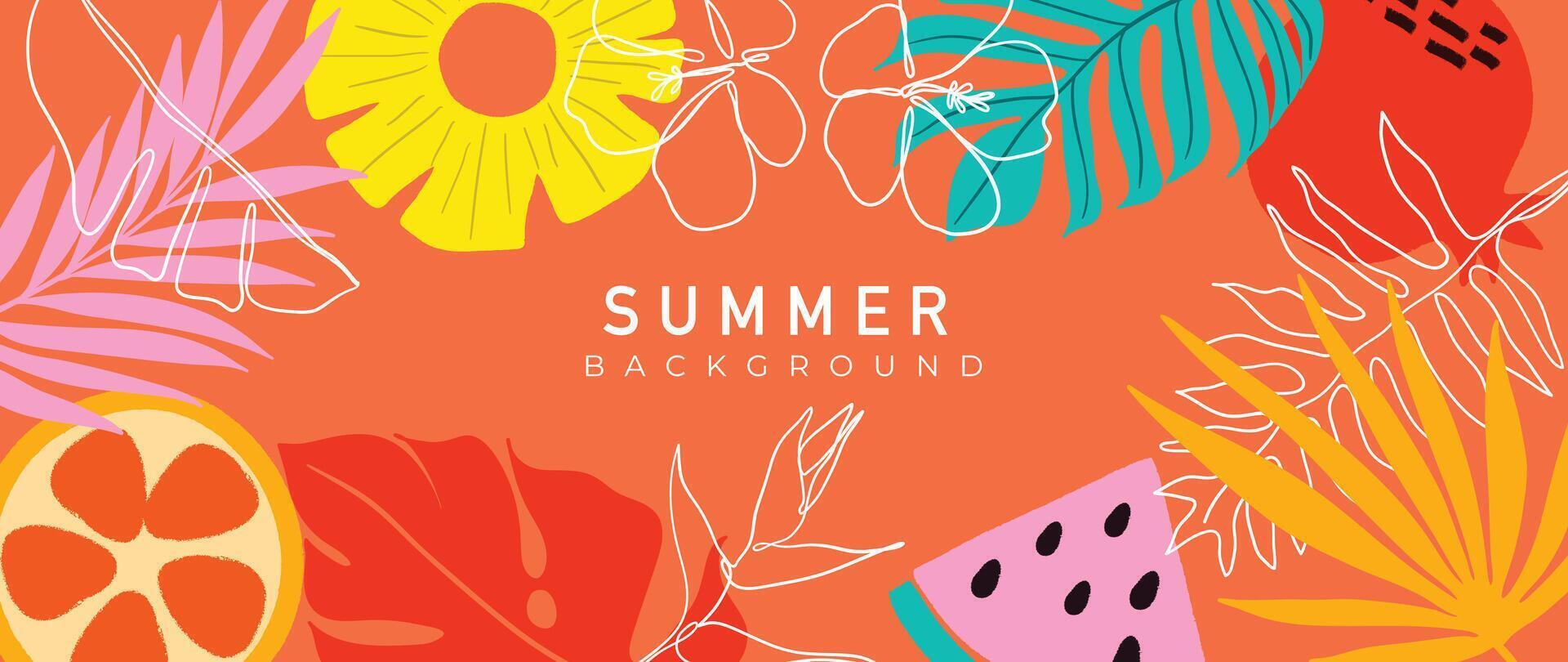 Sommer- tropisch Urwald Orange Hintergrund Vektor. bunt botanisch mit exotisch Anlage, Blumen, Palme Blätter, Frucht. glücklich Sommer Illustration zum Poster, Abdeckung, Banner, Drucke. vektor