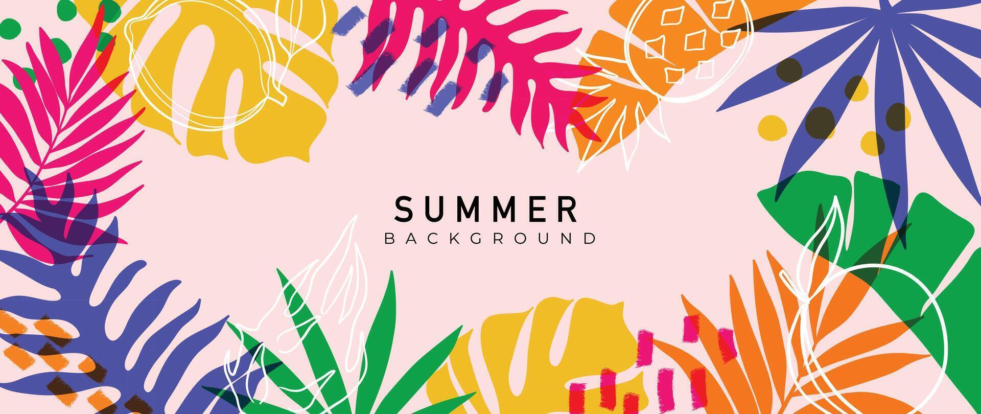 Sommer- tropisch Urwald Rosa Hintergrund Vektor. bunt botanisch mit exotisch Anlage, Blumen, Palme Blätter, Frucht, Ananas. glücklich Sommer Illustration zum Poster, Abdeckung, Banner, Drucke. vektor