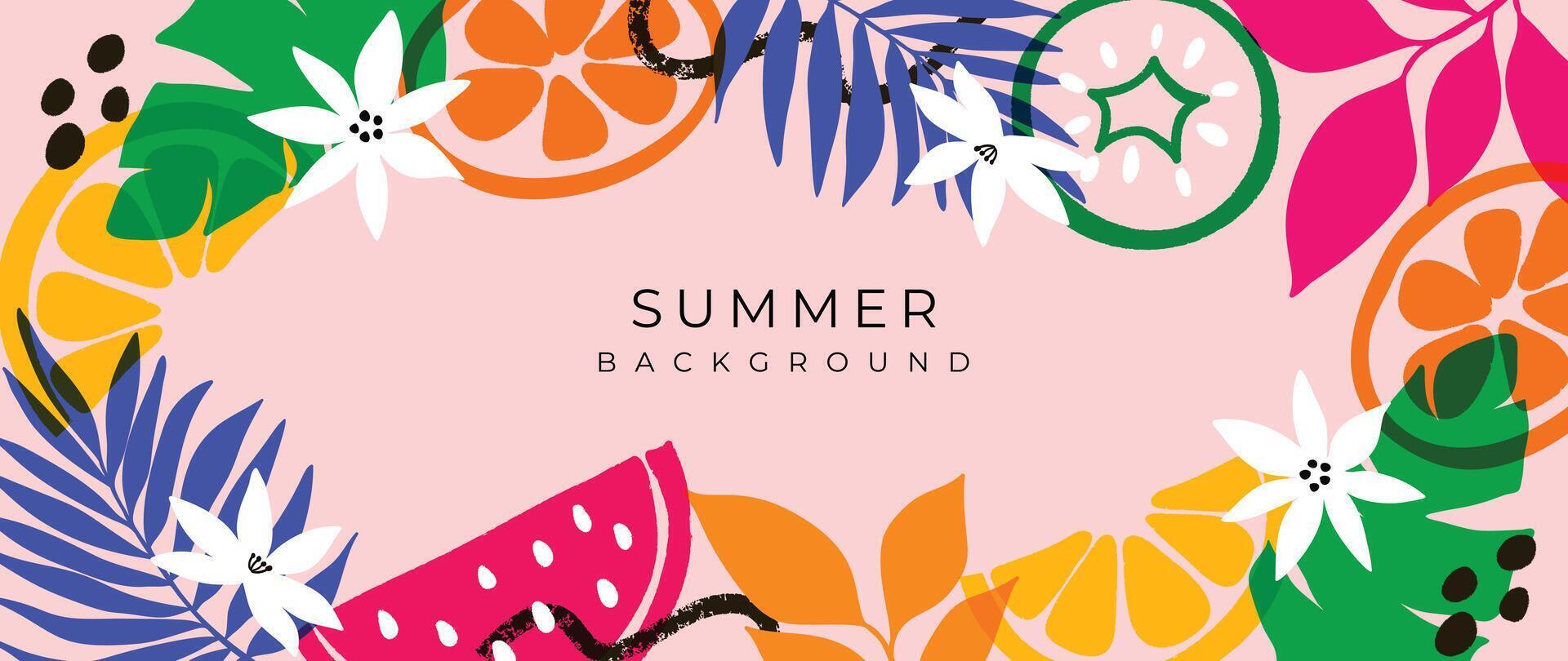 Sommer- tropisch Urwald Rosa Hintergrund Vektor. bunt botanisch mit exotisch Anlage, Blumen, Palme Blätter, Frucht, Wassermelone. glücklich Sommer Illustration zum Poster, Abdeckung, Banner, Drucke. vektor