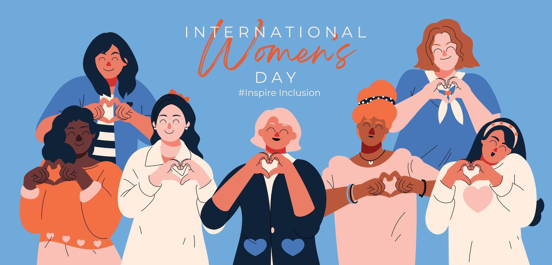 International Damen Tag Banner Vektor. inspirieren Aufnahme Hashtag Slogan mit Hand gezeichnet Frauen Charakter von vielfältig Hintergrund Herz gestalten Hand Geste. Design zum Poster, Kampagne, Sozial Medien. vektor